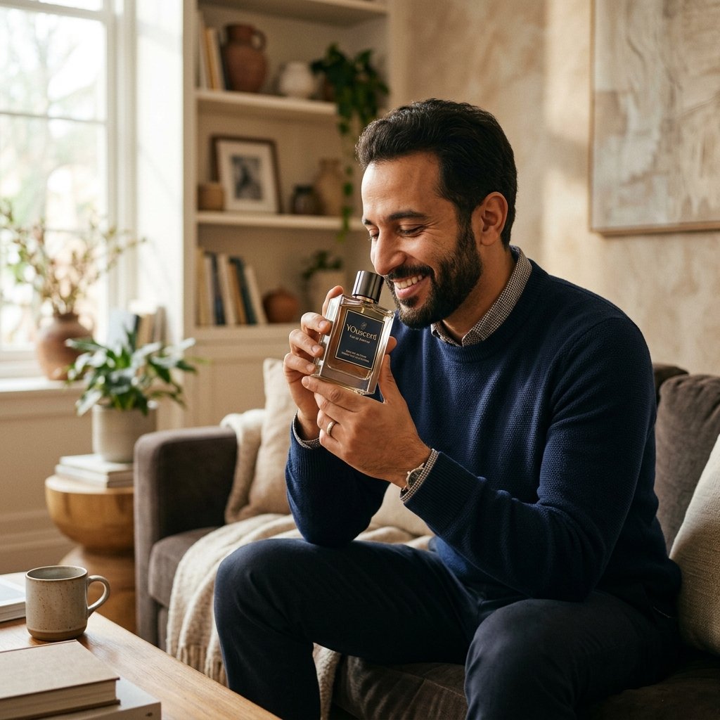 Modern Arab man smelling a premium YouScent bespoke perfume bottle