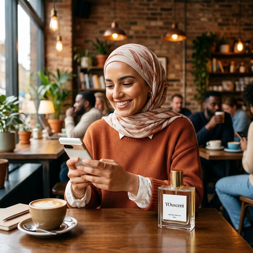 Happy woman wearing a stylish hijab next to a YouScent perfume bottle