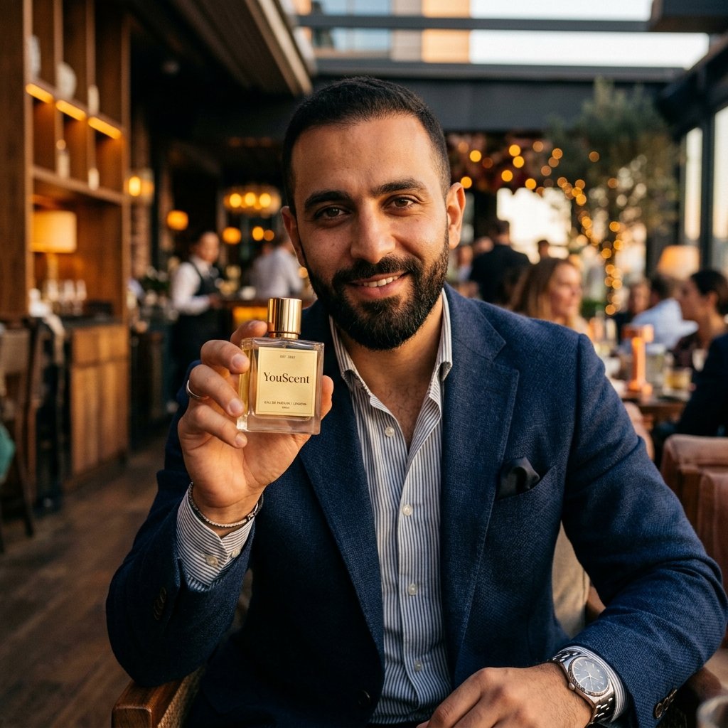 Confident Middle Eastern man holding a custom YouScent fragrance bottle